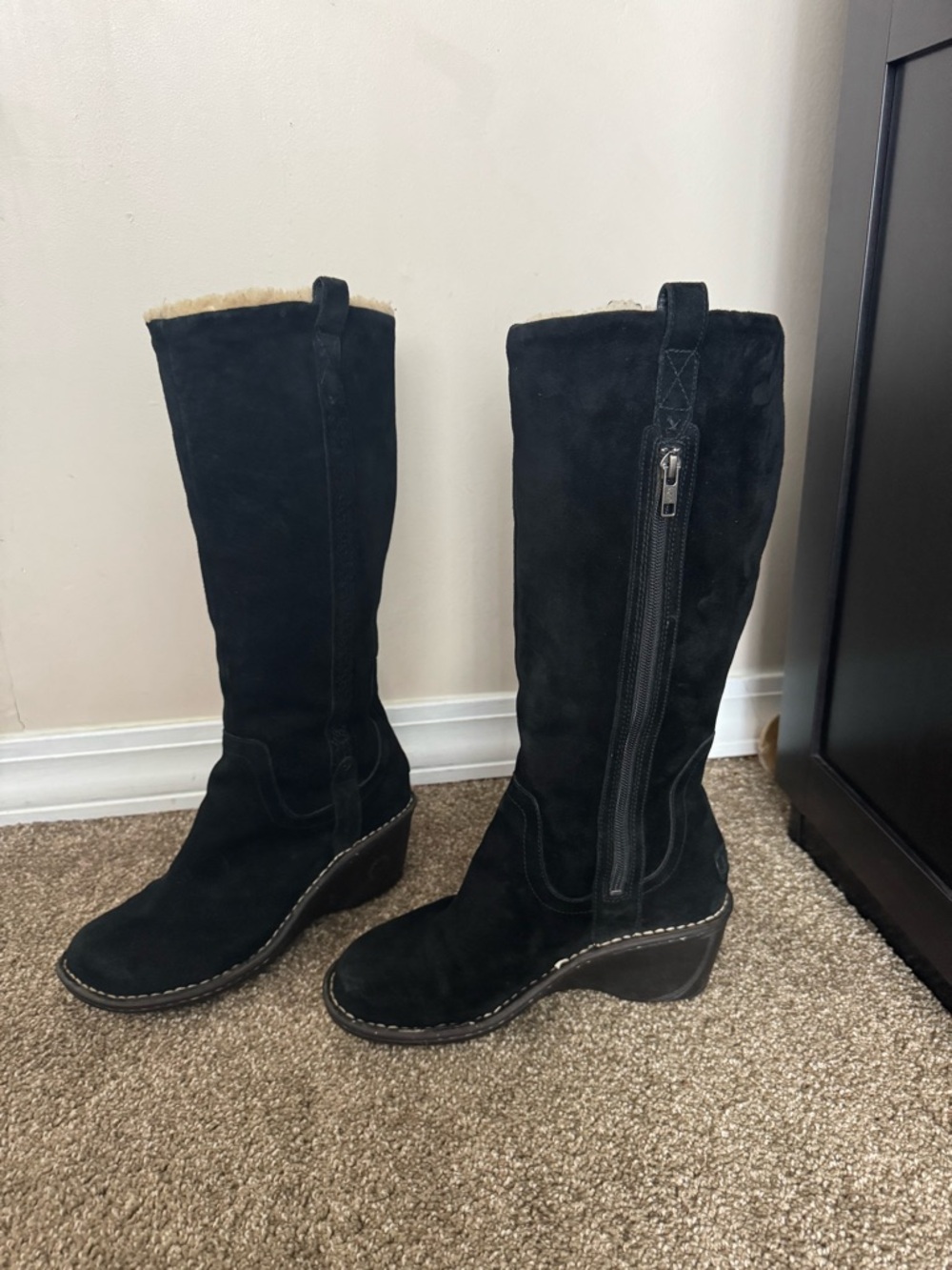 UGG Black Suede Knee-High Heeled Boots